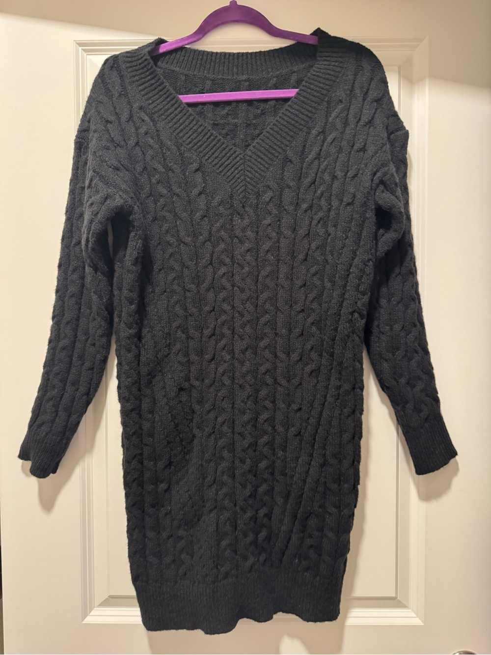 V-Neck Black Cable Knit Sweater Dress - Black XS